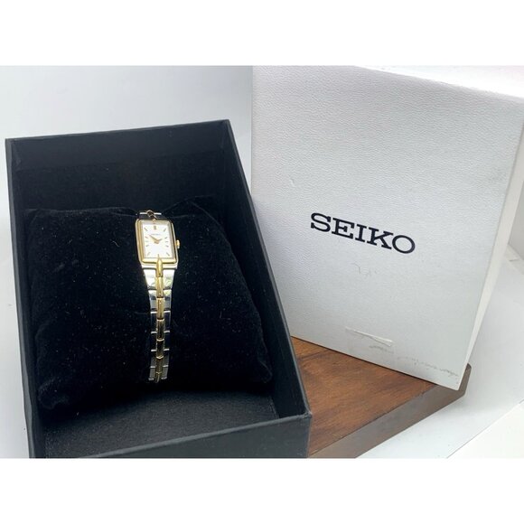 Seiko Women's Watch SWR044 Quartz Petite Tank Rectangle White Dial 2-Tone Steel - Picture 3 of 14